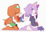  2girls absurdres adjusting_another&#039;s_hair animal_ears blaze_the_cat cat_ears cat_girl cat_tail closed_eyes forehead_jewel from_side furry furry_female gloves green_shorts headband highres long_hair multiple_girls on_floor orange_fur pants ponytail purple_fur purple_shirt shirt shorts simple_background smile sonic_(series) stellarspin tail tikal_the_echidna white_background white_gloves white_pants white_shirt yellow_eyes 