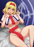  1girl alice_margatroid ascot blonde_hair blue_eyes blush breasts capelet double_v hairband heart heart-shaped_pupils highres looking_at_viewer mani_padme naked_capelet naked_ribbon open_mouth red_ascot red_hairband red_ribbon ribbon short_hair sitting smile solo symbol-shaped_pupils touhou v white_capelet 