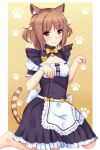  1girl :3 animal_ear_fluff animal_ears apron azuki_(nekopara) back_bow barefoot black_dress blunt_bangs blush border bow bowtie breasts brown_eyes brown_hair cat_ears cat_girl cat_hair_ornament cat_tail character_name cleavage cleavage_cutout closed_mouth clothing_cutout commentary dress english_commentary frilled_apron frilled_dress frills hair_ornament hands_up heart-shaped_ornament kneeling knees_out_of_frame llukik looking_at_viewer medium_hair nekopara parted_bangs paw_pose paw_print puffy_short_sleeves puffy_sleeves short_sleeves simple_background slit_pupils small_breasts smile solo straight_hair striped_tail tail tail_raised two_side_up waist_apron white_apron white_border white_bow yellow_background yellow_bow yellow_bowtie 