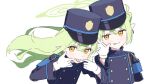  2girls armband black_hat blanchat blue_archive blue_armband blush buttons double-breasted earrings gloves green_hair green_halo halo hat hikari_(blue_archive) jewelry long_hair long_sleeves looking_at_viewer multiple_girls nozomi_(blue_archive) peaked_cap pointy_ears smile tongue tongue_out train_conductor twintails white_background white_gloves yellow_eyes 