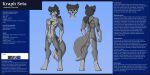 2:1 absurd_res anthro blue_eyes canid canine canis chest_tuft digitigrade english_text featureless_crotch front_view fur fur_markings grey_body grey_fur hair hi_res kailun_setra male mammal markings model_sheet nude ponytail rear_view setriaphtfj simple_background solo text tuft wolf