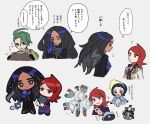  1boy 3girls :o ? black_gloves black_jacket blue_eyes blue_gloves blue_shirt chibi clodsire closed_mouth dark-skinned_female dark_skin eneko_(olavcnkrpucl16a) flying_sweatdrops geeta_(pokemon) glimmet gloves green_hair highres jacket long_hair magnemite magneton multiple_girls multiple_views neck_ribbon official_alternate_costume pants pokemon pokemon_(creature) pokemon_masters_ex pokemon_sv poppy_(pokemon) red_hair ribbon rika_(pokemon) shirt silver_(champion)_(pokemon) silver_(pokemon) smile sneasel speech_bubble translation_request yellow_ribbon 