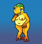 amphibian anthro areola beado_lee black_eyes blue_background breasts eyelashes female freckles frog green_body navel nintendo nipples nude orange_areola orange_body orange_nipples overweight overweight_female pikmin purple_background simple_background smile solo thick_thighs wide_hips wollywog yellow_body