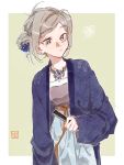  1girl alternate_costume blue_jacket chinese_clothes earrings flower folded_fan folding_fan grey_eyes grey_hair hair_bun hair_flower hair_ornament hand_fan highres holding holding_fan jacket jewelry looking_to_the_side necklace nian_lun_xing_xing_hao_qu_xue_xi_ba reverse:1999 short_hair single_hair_bun solo vertin_(reverse:1999) 