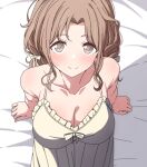  1girl arimon_(dfrgty12) arm_support bare_shoulders bed_sheet blush bow breasts brown_hair cleavage collarbone dress from_above hair_bow highres ichikawa_hinana idolmaster idolmaster_shiny_colors jacket large_breasts looking_at_viewer smile solo white_dress white_jacket 