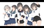  5girls arudonadmiral black_hair black_sailor_collar black_skirt blue_neckerchief blue_sailor_collar blue_skirt blunt_bangs brown_eyes collared_shirt cowboy_shot dress_shirt fubuki_(kancolle) fubuki_kai_ni_(kancolle) green_eyes grey_hair hair_ribbon hatsuyuki_(kancolle) highres kantai_collection letterboxed long_hair low_ponytail low_twintails miyuki_(kancolle) miyuki_kai_ni_(kancolle) multiple_girls neckerchief pleated_skirt ponytail red_ribbon ribbon sailor_collar school_uniform serafuku shirayuki_(kancolle) shirt short_hair sidelocks simple_background skirt twintails usugumo_(kancolle) white_background white_shirt 