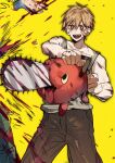 1boy absurdres animal bare_shoulders black_eyes blonde_hair blood blood_on_clothes blood_on_face blood_on_weapon blood_splatter bright_pupils brown_pants chainsaw chainsaw_man demon denji_(chainsaw_man) dismemberment dog hair_between_eyes highres holding holding_animal open_mouth pants pochita_(chainsaw_man) red_eyes severed_hand sharp_teeth tank_top teeth tongue tongue_out v-shaped_eyebrows weapon xi_luo_an_ya yellow_background 
