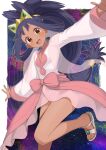  1girl :d black_hair blush brown_eyes commentary_request commission couzone dark-skinned_female dark_skin hair_rings happy highres iris_(pokemon) long_hair long_sleeves looking_at_viewer low-tied_long_hair no_panties open_mouth outstretched_arms pink_skirt pixiv_commission pokemon pokemon_bw2 sandals shirt skirt smile solo teeth tiara toes tongue upper_teeth_only v-neck white_shirt 