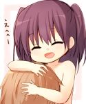  1boy 1girl :d ^_^ closed_eyes commentary dot_nose hair_between_eyes hug light_brown_hair medium_hair nude open_mouth original purple_hair sawatari_(sado) smile translated two_side_up 