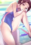  1girl blue_one-piece_swimsuit blush breasts brown_eyes brown_hair competition_swimsuit covered_navel dytm hashtag-only_commentary highleg highleg_swimsuit highres looking_at_viewer medium_breasts one-piece_swimsuit original parted_lips pool sitting solo swimsuit water 