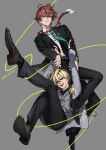  2boys arms_up black_footwear black_pants black_shirt black_suit blonde_hair brown_hair closed_mouth collared_shirt flower foot_up full_body grabbing_another&#039;s_arm green_eyes green_necktie grey_background grey_jacket grey_vest head_tilt hypnosis_mic izanami_hifumi jacket jewelry kannonzaka_doppo knees_up leaning_back light_frown looking_at_viewer looking_down male_focus mojisan_(ebimo) multiple_boys necktie pants parted_bangs ring rose shirt short_hair signature sitting smile striped_clothes suit teeth upper_teeth_only vest wavy_hair white_shirt yellow_eyes yellow_flower yellow_rose 