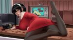  bad_source black_hair blackcapbandit bottle dress highres leaning_on_table leggings pinup_(style) red_dress red_eyes seductive spy_x_family thighs upskirt wine_bottle yor_briar 