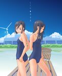  beach blue_eyes brown_hair day flash_tomo long_hair multiple_girls one-piece_swimsuit original school_swimsuit short_hair swimsuit wind_turbine windmill 