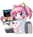  1girl :3 animal_ear_headphones animal_ears blue_eyes cat_ear_headphones chair character_doll colinarmis commentary english_commentary fake_animal_ears from_behind headphones keyboard_(computer) looking_back miracle-chan monitor mouse_(computer) oekaki original pink_hair shirt sitting solo t-shirt 