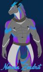 2024 abs absurd_res animal_humanoid anthro big_muscles clothed clothing digital_media_(artwork) dragon dragon_humanoid english_text glowing glowing_eyes glowing_markings hair hi_res horn humanoid male markings multicolored_body multicolored_eyes muscular muscular_male mythological_creature mythological_scalie mythology nipples norvin_zendrit pecs protoskip scales scalie simple_background solo text two_tone_body