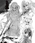  2girls ahoge anisphia_wynn_palettia blood blood_on_face blood_splatter closed_mouth commentary crying crying_with_eyes_open dress euphyllia_magenta expressionless greyscale hair_ribbon highres holding holding_sword holding_weapon koyomania long_hair looking_at_another medium_hair monochrome multiple_girls open_mouth parted_lips ribbon sketch sweatdrop sword tears tensei_oujo_to_tensai_reijou_no_mahou_kakumei weapon 