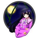  bamboo bamboo_forest black_hair blush bow brown_eyes forest full_moon hands_in_opposite_sleeves houraisan_kaguya long_hair moon nature nerii_wasabi smile solo touhou very_long_hair 