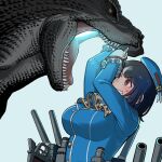  1girl ascot beret black_gloves black_hair black_scales blush breasts crossover dress flat_cap giant giant_monster giantess gloves godzilla godzilla_(minus_one) godzilla_(series) godzilla_minus_one hat highres kaijuu kantai_collection large_breasts long_sleeves military nishikino_kee open_mouth red_eyes scene_reference short_hair simple_background skirt spines takao_(kancolle) uniform 
