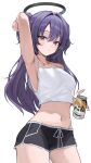  1girl arm_up armpits beer_can blue_archive blush breasts camisole can crop_top dolphin_shorts drink_can gusim halo highres holding holding_can long_hair looking_at_viewer mechanical_halo medium_breasts midriff navel purple_eyes purple_hair short_shorts shorts simple_background solo two_side_up white_background white_camisole yuuka_(blue_archive) 