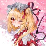  1girl blonde_hair bow bowtie cherry_blossoms crystal_wings flandre_scarlet from_side gotou_(nekocat) hair_between_eyes hat hat_ribbon light_blush long_hair looking_at_viewer mob_cap mouth_hold one_side_up pointy_ears puffy_short_sleeves puffy_sleeves red_bow red_bowtie red_eyes red_ribbon red_vest ribbon shirt short_sleeves signature smile solo touhou uneven_eyes upper_body vest white_hat white_shirt 