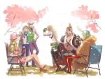  2girls 4boys baseball_cap black_gloves black_jacket blonde_hair bottle brown_coat brown_hair cherry_blossoms coat crossed_legs cup drinking_glass elbow_gloves epaulettes gloves green_gloves green_hair green_scarf green_vest hand_on_own_hip hat headphones helmeppo hibari_(one_piece) highres holding holding_bottle holding_cup jacket koby_(one_piece) kujaku_(one_piece) leather leather_jacket long_hair medium_hair mocchi_(mkz) multiple_boys multiple_girls muscular muscular_male one_piece open_clothes outdoors pink_hair ponytail pouring prince_grus scar scar_on_chin scar_on_face scarf shirt short_hair sitting smile standing sunglasses taking_picture v vest white_coat white_shirt wine_glass x_drake 