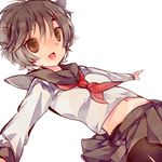  :d animal_ears bad_id bad_pixiv_id black_hair brown_eyes face fang makino_(sinobusan) midriff open_mouth original outstretched_arms school_uniform serafuku short_hair smile solo spread_arms 