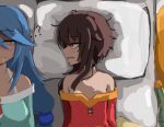  ... 3girls ? aqua_(konosuba) aqua_pajamas aqua_shirt bare_shoulders black_choker blonde_hair blue_eyes blush bottle bra_strap breasts brown_hair choker collarbone cropped darkness_(konosuba) dress drooling drunk from_above futon hair_between_eyes half-closed_eyes jitome kono_subarashii_sekai_ni_shukufuku_wo! kurokimoko long_hair looking_at_another looking_to_the_side lying medium_breasts megumin messy_hair multiple_girls nose_blush off-shoulder_dress off_shoulder on_back pajamas pillow red_dress red_eyes saliva shirt short_hair short_hair_with_long_locks side-by-side sidelocks small_breasts swept_bangs unamused upper_body upturned_eyes wine_bottle 