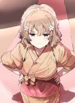  :i apron flower hair_flower hair_ornament hanasaku_iroha highres japanese_clothes kimono light_brown_hair looking_at_viewer matsumae_ohana medium_hair nakai_(waitress) nyoijizai orange_kimono red_eyes tasuki v-shaped_eyebrows waist_apron wavy_hair 