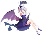  1girl absurdres armpits arms_up ass back_bow black_bow blue_archive blue_gemstone bow breasts crossed_legs demon_horns demon_wings dress gem gloves grey_hair halo high_heels highres hina_(blue_archive) hina_(dress)_(blue_archive) horns invisible_chair jewelry looking_at_viewer low_wings mahou_gnome medium_hair multiple_horns necklace official_alternate_costume pendant purple_dress purple_eyes purple_footwear purple_gloves ringed_eyes simple_background single_sidelock sitting small_breasts solo strapless strapless_dress white_background wings 