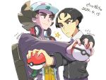  2boys black_eyes bright_pupils closed_mouth collared_shirt commentary_request dated eyeshadow giacomo_(pokemon) hat headphones highres holding holding_poke_ball jacket makeup male_focus multiple_boys nyoripoke open_clothes open_jacket pointy_hair poke_ball poke_ball_(basic) pokemon pokemon_sv shirt smile timer_ball twitter_username upper_body vest white_background white_hat white_pupils yellow_vest 