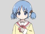  arm_at_side blue_eyes blue_hair blush bow bowtie close-up cube_hair_ornament expressionless grey_background hair_ornament hand_up highres index_finger_raised looking_at_viewer n-ture naganohara_mio nichijou oekaki pink_bow pink_bowtie pointing portrait sailor_collar school_uniform serafuku shirt short_twintails simple_background tokisadame_school_uniform twintails upper_body very_long_sleeves white_sailor_collar yellow_serafuku yellow_shirt 