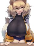  :3 :d alternate_breast_size animal_ears black_shirt blonde_hair breasts fang highres huge_breasts jacket kemono_friends lion_(kemono_friends) lion_ears lion_girl lion_tail long_hair midriff mo23 navel open_clothes open_jacket open_mouth shirt short_shorts shorts simple_background smile tail white_background yellow_eyes 