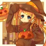  bad_id bad_pixiv_id blonde_hair blue_eyes blush gloves hair_ribbon hall_jion halloween hat jack-o'-lantern long_hair niche_(tegami_bachi) prehensile_hair pumpkin ribbon solo tegami_bachi twintails very_long_hair witch_hat 