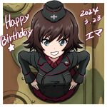  1girl black_hat black_jacket blue_eyes camouflage character_name commentary dated dress_shirt ehirorotoon english_text from_above garrison_cap girls_und_panzer grin hands_on_own_hips happy_birthday hat hida_ema highres insignia jacket kuromorimine_military_uniform long_sleeves looking_at_viewer maus_(tank) military_hat military_uniform military_vehicle motor_vehicle red_shirt shirt short_hair smile solo star_(symbol) tank translated uniform wing_collar 