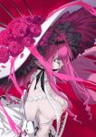  1girl baobhan_sith_(fate) baobhan_sith_(third_ascension)_(fate) bare_shoulders breasts cleavage cross-laced_clothes detached_sleeves dress facial_mark fate/grand_order fate_(series) flower frilled_hat frills gag grey_eyes hair_ornament hat hat_flower long_hair pink_hair pointy_ears red_background red_flower revealing_clothes sideboob sidelocks solo upper_body white_dress white_hat yasinna 