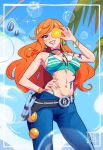  1girl arm_tattoo bikini bikini_top_only food fruit highres mandarin_orange nami_(one_piece) orange_eyes orange_hair outdoors pimozzarella sheath sheathed swimsuit tattoo weapon 