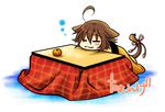  :3 ahoge animal_ears brown_hair closed_eyes food fruit kotatsu mandarin_orange original solo table tail 