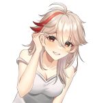  1girl blonde_hair blush genderswap genderswap_(ftm) genshin_impact grey_hair hair_between_eyes highres kaedehara_kazuha kuro_tsubasa long_hair multicolored_hair photoshop_(medium) red_eyes red_hair shirt solo streaked_hair white_background white_shirt 