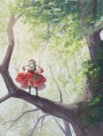  1girl arm_ribbon black_footwear boots closed_eyes commentary day dress front_ponytail ge_dazuo green_hair hair_ribbon highres kagiyama_hina knee_boots long_hair nature on_tree outdoors red_dress red_ribbon ribbon short_sleeves signature skirt_hold solo standing touhou tree wide_shot 