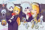  1boy 1girl absurdres blonde_hair blue_eyes blush closed_eyes closed_mouth grey_hair headband highres long_hair looking_at_another nun offbeat open_mouth puyopuyo schezo_wegey short_hair smile witch_(puyopuyo) 