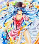  at_classics blue_hair breasts cleavage food fruit hat hinanawi_tenshi long_hair marker_(medium) medium_breasts panties peach rock sample side-tie_panties solo sword sword_of_hisou touhou traditional_media underwear weapon 