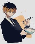  1boy black_hair bowl chopsticks collared_shirt cropped_torso food formal highres holding holding_bowl holding_chopsticks looking_at_viewer maco22 male_focus multicolored_hair necktie noodles orange_eyes orange_hair original shirt smile solo steam suit two-tone_hair 