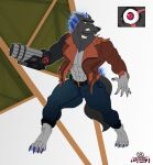 anthro back_mane big_muscles blue_bottomwear blue_claws blue_clothing blue_crystal blue_jeans blue_pants blue_tiberium bottomwear brotherhood_of_nod brown_clothing brown_jacket brown_topwear bullet canid canine canis chest_scar claws clothing command_and_conquer crystal crystal_hair cybernetic_arm cybernetic_limb denim denim_bottomwear denim_clothing english_text eye_scar facial_scar forehead_scar gatling_gun green_eyes gun gun_arm hi_res insignia jacket jeans kisa_the_cat logo machine_gun male mammal mineral_hair minerals muscular muscular_male mutants open_mouth pants prosthetic prosthetic_arm prosthetic_limb ranged_weapon red_eyes scar showing_teeth solo tail text tiberian_fiend tiberium topwear tratos_(command_and_conquer) tusks watermark weapon wolf
