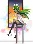  asymmetrical_clothes bare_shoulders barefoot black_legwear chair eskimofox full_body green_eyes green_hair headband high_heels holding legs long_hair open_mouth original pen shoe_dangle shoes single_shoe sitting sleeveless solo thighhighs 