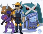 ambiguous_gender anthro armor artist_name blue_clothing blue_shirt blue_topwear clothing crossover dispenser dispenser_(team_fortress_2) engineer_(team_fortress_2) eyewear feral fusion gatling_gun generation_1_pokemon generation_3_pokemon generation_4_pokemon generation_5_pokemon genesect gloves goggles group gun handwear hard_hat headgear helmet horn human legendary_pokemon machine machine_gun male mammal metagross minigun nintendo pokeball pokemon pokemon_(species) purple_body ranged_weapon red_eyes robot rocket_launcher rotom sentry_buster_no-713 sentry_gun_(team_fortress_2) shadow shirt simple_background standing tauros team_fortress_2 tools topwear valve weapon white_background wrench