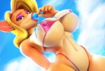 3d_(artwork) activision anthro bandicoot big_breasts bikini blonde_hair blue_eyes breasts clothing cloud crash_bandicoot_(series) dessert detailed_background digital_media_(artwork) eating_ice_cream female food gesture hair hand_gesture hi_res ice_cream ice_cream_on_breasts long_hair looking_at_viewer makeup mammal marsupial midriff multicolored_body navel nipple_outline outside pink_bikini pink_clothing pink_swimwear portrait sala3dart sky solo standing suggestive suggestive_eating swimwear tawna_bandicoot three-quarter_portrait three-quarter_view under_boob