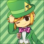 blonde_hair bow_tie clothing hair hat headgear headwear humanoid humanoid_pointy_ears hylian light_body light_skin looking_at_viewer low_res male nintendo not_furry one_eye_closed smile solo suit the_legend_of_zelda toon_link top_hat triforce wind_waker wink wusagi2
