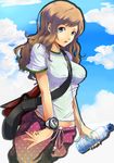  :o absurdres bad_id bad_pixiv_id bag between_breasts blue_eyes bottle breasts brown_hair cloud day earphones highres long_hair medium_breasts messenger_bag mirai_denki original polka_dot shirt shoulder_bag sky solo strap_cleavage t-shirt watch water_bottle wristwatch 