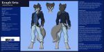 anthro belt belt_buckle blue_eyes bottomwear canid canine canis chest_tuft clothed clothing digitigrade featureless_crotch front_view fur fur_markings grey_body grey_fur hair hi_res holster jacket kailun_setra male mammal markings model_sheet pants ponytail rear_view setriaphtfj simple_background solo text topwear tuft wolf