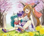  2girls :d blue_eyes blush bow brown_hair center_frills chain cherry_blossoms closed_eyes closed_mouth commentary_request convenient_leg curly_hair fangs flower footwear_bow frilled_skirt frills full_body grass green_hair hair_bow highres holding_gourd horn_ornament horn_ribbon horns ibuki_suika knee_up komainu_ears komano_aunn long_hair marker_(medium) multiple_girls on_ground open_mouth outdoors pointy_ears purple_footwear purple_skirt red_bow red_shirt ribbon shirt shoes single_horn sitting skirt smile socks torn_clothes torn_sleeves touhou traditional_media tree uchisaki_himari very_long_hair white_shirt white_socks yellow_flower 